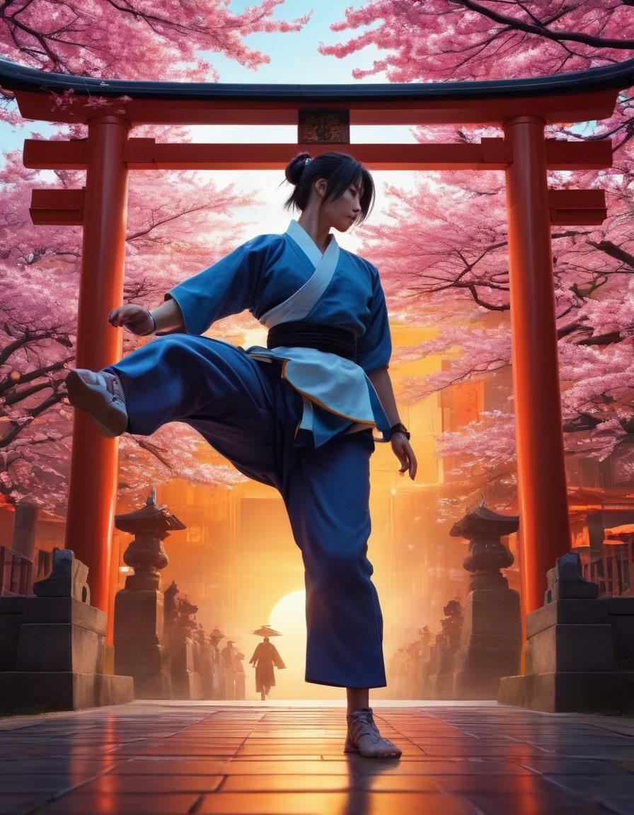 A dynamic scene featuring a martial artist gracefully performing a powerful kick, surrounded by vibrant, surreal imagery of anime characters inspired by Hentai culture. The background blends traditional Japanese elements with modern fantasy aesthetics, showcasing vivid colors and intricate, flowing patterns that embody both martial arts and adult animation. The characters should appear playful yet fierce, emphasizing the fusion of the two worlds. cyberpunk artistic style. vibrant colors. dynamic composition.