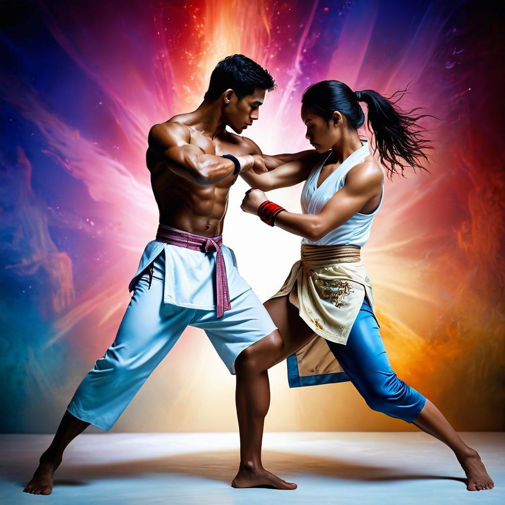 A captivating fusion of martial arts and sensuality, featuring fluid movements of a male and female fighter entangled in a graceful sparring session. They are adorned with intricate body art and suggestive poses that highlight the beauty of strength and intimacy in combat. The background showcases soft, flowing fabrics and ethereal light, creating a dreamy atmosphere. Emphasize dynamic body language and expressive faces that convey both power and allure. vibrant colors. surreal art.