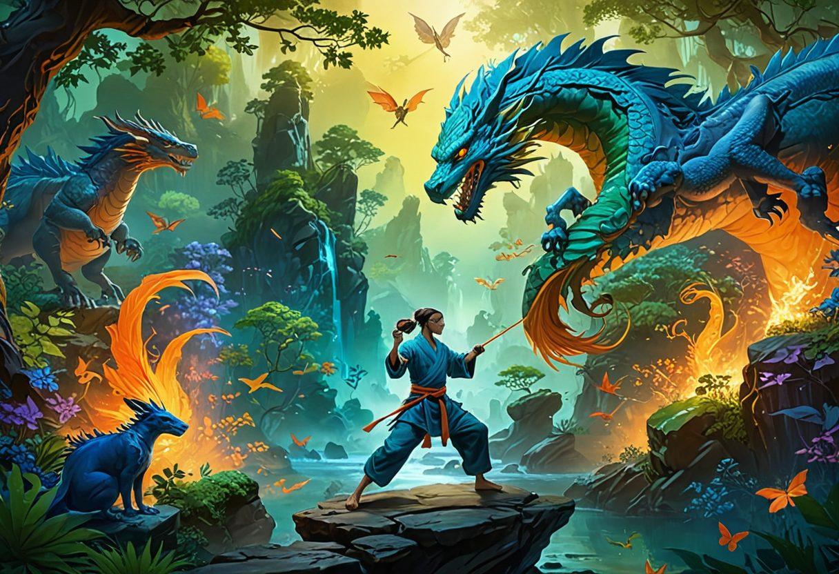 A dynamic scene showcasing a fusion of fantasy elements and martial arts movements, featuring an adult animated character in a vibrant, action-packed pose. The background depicts a whimsical, enchanted landscape with mystical creatures observing the scene in awe. Incorporate elements of personal growth and transformation symbolized by glowing effects around the character. The color palette should be rich and contrasting, emphasizing the excitement of both martial arts and animation. super-realistic. vibrant colors. fantasy art.